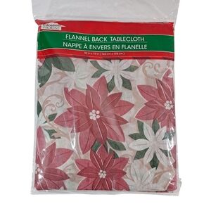 Vintage Christmas House Flannel Back Tablecloth Poinsettias 52"x70" NIP